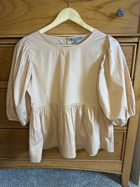Anthropologie Blue Tassel Peplum Puff Sleeve Blouse Tan Womens Size XS Cotton
